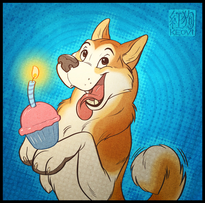 ambiguous_gender birthday candle canine cupcake dog feral fur keovi mammal orange_fur tongue tongue_out
