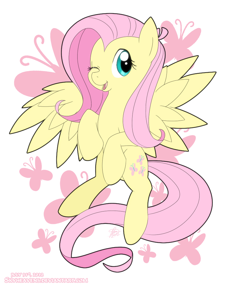 arthropod blue_eyes butterfly cutie_mark english_text equine female feral fluttershy_(mlp) friendship_is_magic fur hair horse insect looking_at_viewer mammal my_little_pony one_eye_closed open_mouth pegasus pink_hair plain_background pony signature skyheavens smile solo spread_wings text tongue white_background wings wink yellow_fur