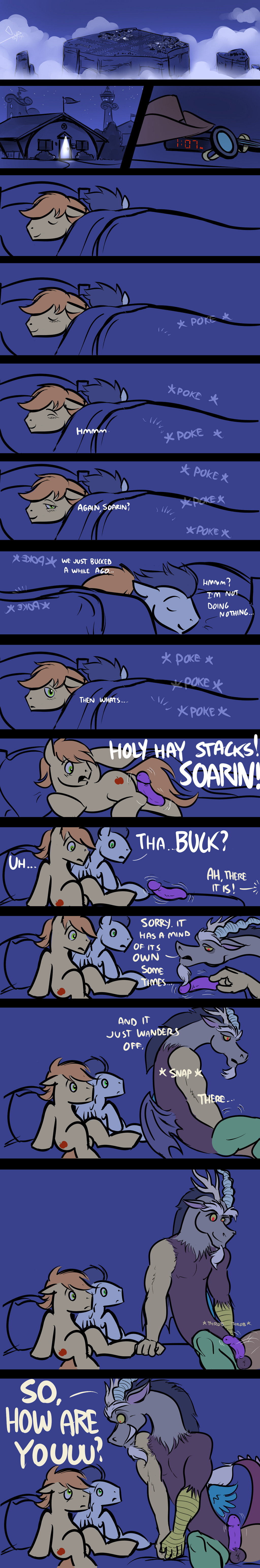 antler antlers balls bed bgn blue_eyes blush braeburn_(mlp) clock comic cowboy_hat cutie_mark detachable_penis dialog discord_(mlp) disembodied_penis draconequus english_text equine erection eyewear feral friendship_is_magic gay goggles green_eyes group hat horn horse inside male mammal my_little_pony night pegasus penis pony red_eyes signature sitting smile soarin_(mlp) text wings wonderbolts_(mlp)