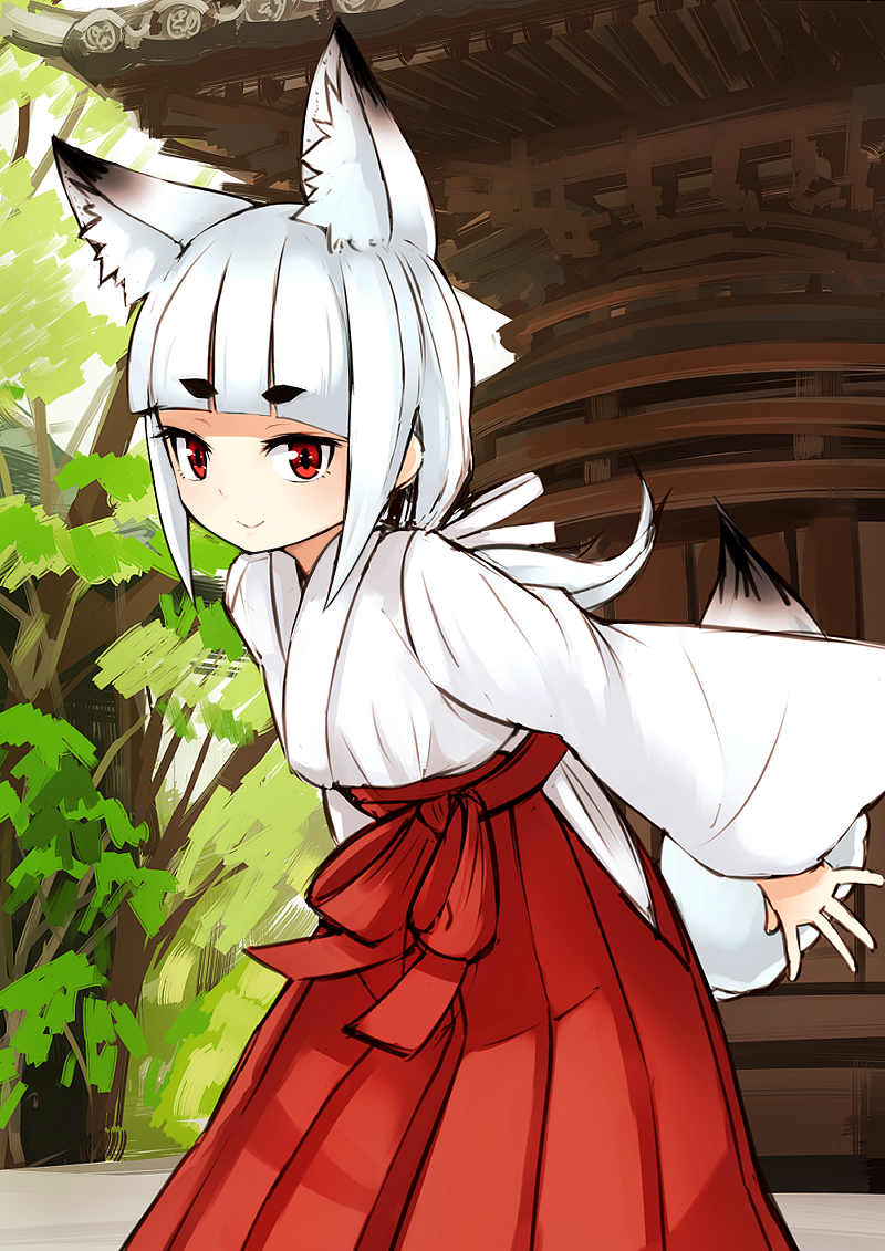 canine female fox fox_ears fox_tail hair japanese_clothing long_hair looking_at_viewer mammal miko nosuku original outside ponytail red_eyes smile solo white_hair