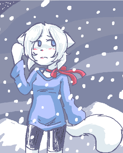 blue_eyes cat clothed clothing feline female hair lucy_(bcb) mammal snow snowing solo taeshii white_hair