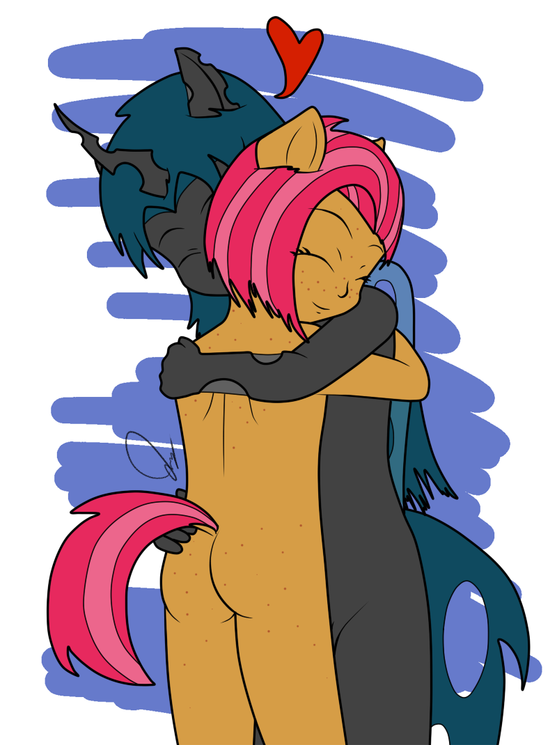 &lt;3 anonjg anthro anthrofied babs_seed_(mlp) butt changeling child cub duo equine eyes_closed female freckles friendship_is_magic green_hair hair horn horse hug human humanized mammal my_little_pony nude pony queen_chrysalis_(mlp) simple_background smile standing winged_unicorn wings young