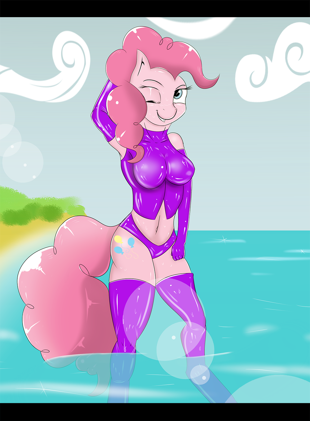 anthro anthrofied beach blue_eyes clothing cutie_mark elbow_gloves equine female friendship_is_magic fur gloves hair horse legwear looking_at_viewer mammal my_little_pony one_eye_closed outside pink_fur pink_hair pinkie_pie_(mlp) pony rubber seaside smile solo stockings thigh_highs water wink xorza