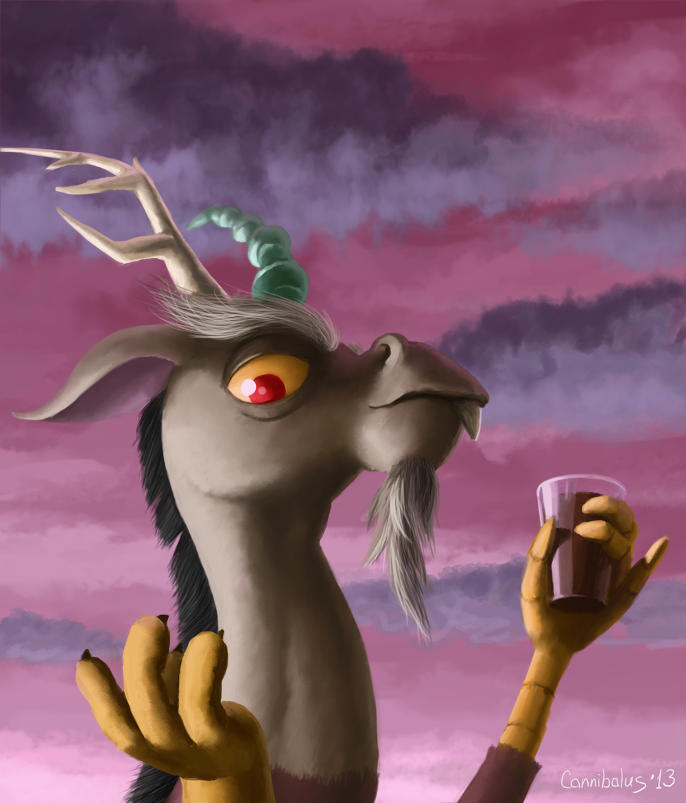 antler antlers black_hair cannibalus cloud clouds discord_(mlp) draconequus facial_hair friendship_is_magic glass hair horn looking_at_viewer male my_little_pony portrait red_eyes solo