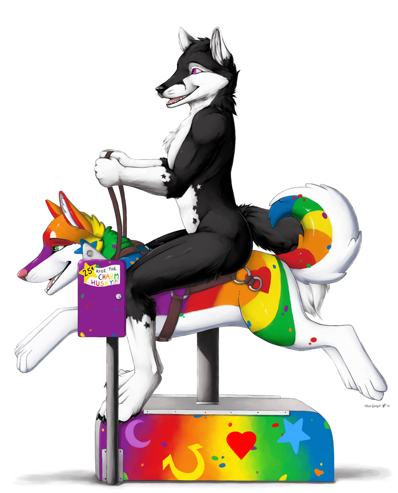 25 anthro black_fur canine charm_(character) fox fur green_eyes leash male mammal milkyway open_mouth plain_background purple_eyes rainbow riding solo super_gay tongue truegrave9 white_background wolf