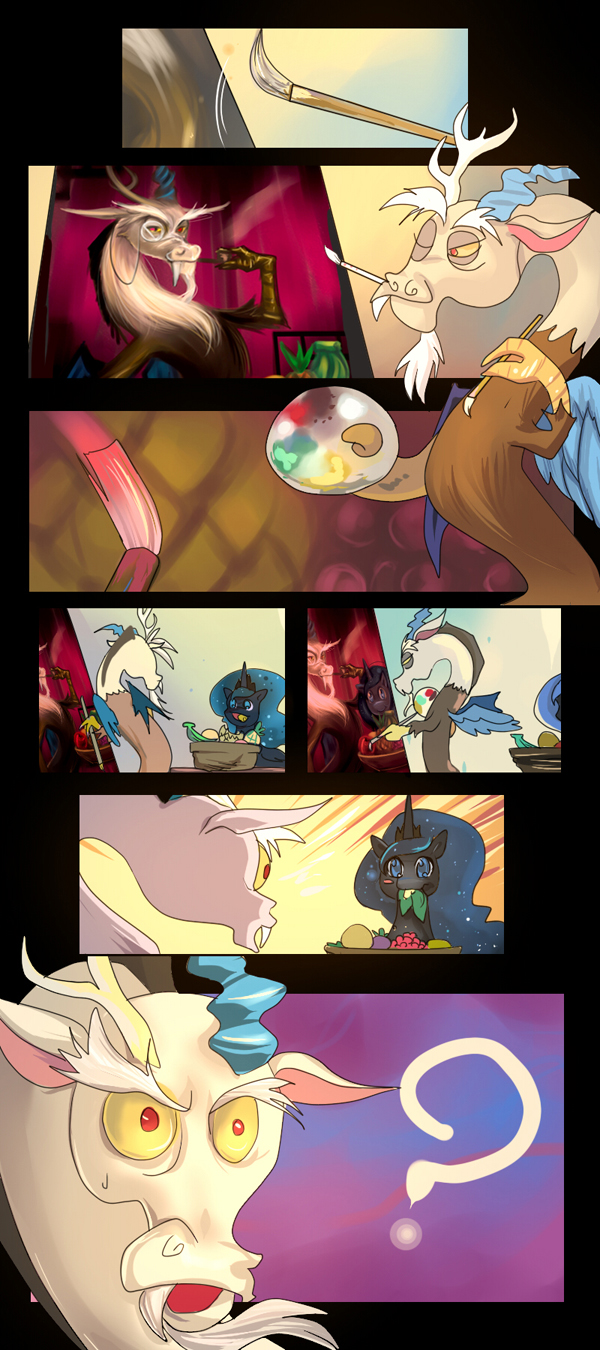 ? antler antlers bakki basket blue_eyes blue_hair blush changeling clothing comic discord_(mlp) draconequus duo eating equine eyewear female feral friendship_is_magic fruit fruit_basket fur hair horn horse humor looking_at_viewer male mammal monocle multi-colored_hair my_little_pony open_mouth paint paintbrush painting pony pose princess princess_luna_(mlp) red_eyes royalty self_portrait smile teeth tongue tooth what winged_unicorn wings
