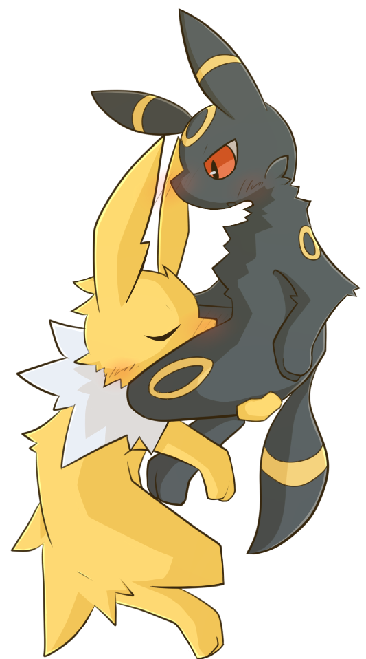 alpha_channel ambiguous_gender anime black_eyes black_fur blush canine dog duo eeveelution eyes_closed feral feral_on_feral fluffy frown fur holding japanese jolteon lagomorph legs_up lift looking_down mammal nintendo plain_background pointy_ears pok&#233;mon pok&eacute;mon rabbit raised_leg red_eyes rodent shin_(artist) transparent_background umbreon video_games white_eyes white_fur yellow_fur