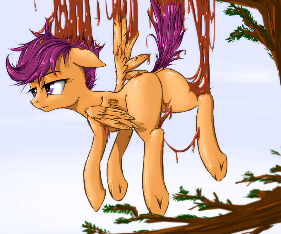 branch cub equine female feral friendship_is_magic hair horse madhotaru mammal my_little_pony outside pegasus pony purple_eyes purple_hair sap scootaloo_(mlp) sky solo sticky tree tree_sap wings young
