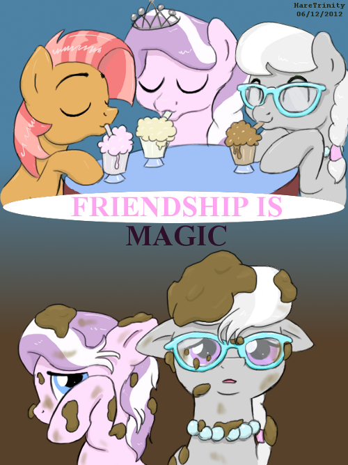 ambiguous_gender babs_seed_(mlp) blue_eyes cub diamond_tiara_(mlp) drinking english_text equine eyes_closed eyewear feral friendship_is_magic fur glasses grey_fur group hair haretrinity horse looking_at_viewer mammal messy my_little_pony necklace pony purple_eyes silver_spoon_(mlp) text two_tone_hair young