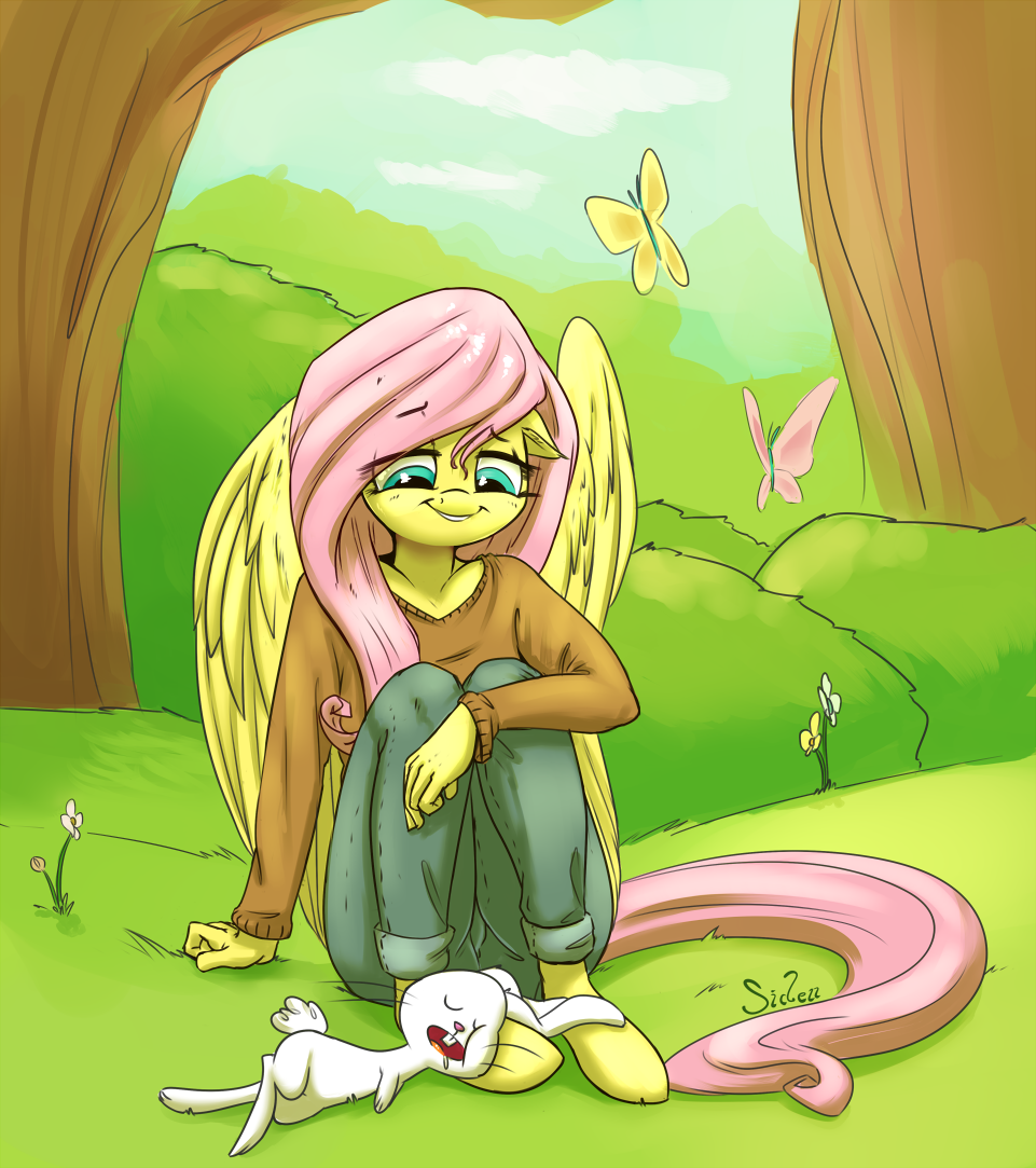 angel_(mlp) anthro anthrofied arthropod blue_eyes butterfly clothed clothing duo equine female flower fluttershy_(mlp) friendship_is_magic fur grass green_eyes hair horse insect male mammal my_little_pony outside pegasus pink_hair pony siden sitting sky sleeping smile tree white_fur wings yellow_fur