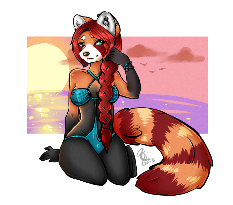 female hair hiddenwolf kneeling looking_at_viewer red_hair red_panda skimpy solo
