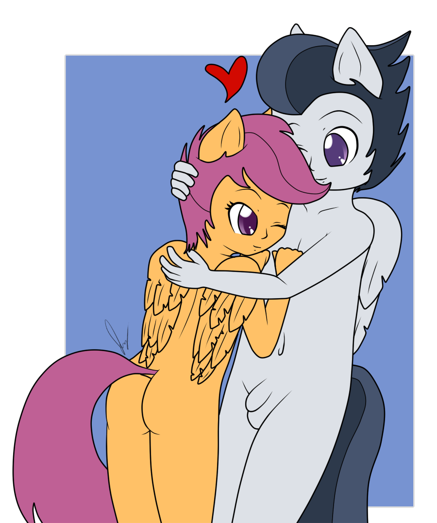 anonjg anthro anthrofied balls butt child couple cub duo equine female flaccid friendship_is_magic hug human humanized male mammal my_little_pony nude one_eye_closed pegasus penis rumble_(mlp) scootaloo_(mlp) simple_background smile straight wings young