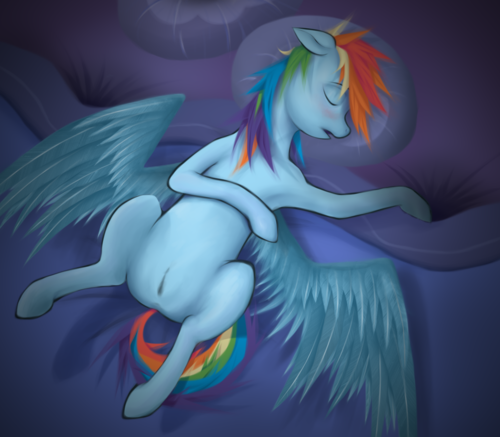 blue_feathers blue_fur blush equine eyes_closed female feral friendship_is_magic fur hair horse inside lying mammal multi-colored_hair my_little_pony on_back open_mouth pegasus pillow pony pussy qsteel rainbow_dash_(mlp) rainbow_hair sleeping solo spread_legs spreading wings