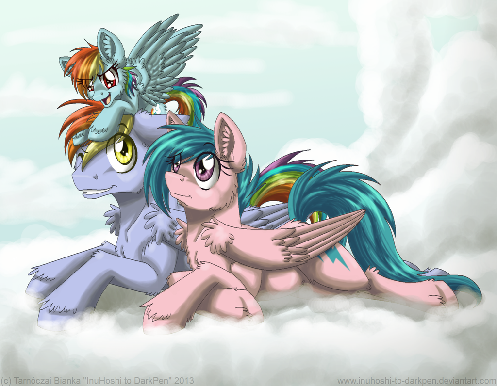 blue_hair child cloud cutie_mark equine father_and_daughter female feral firefly_(mlp) fluffy friendship_is_magic group hair hooves horse husband_and_wife inuhoshi-to-darkpen lying mammal mother_and_daughter multi-colored_hair my_little_pony on_head outside pegasus pony purple_eyes rainbow_dad rainbow_dash_(mlp) rainbow_hair wings yellow_eyes young