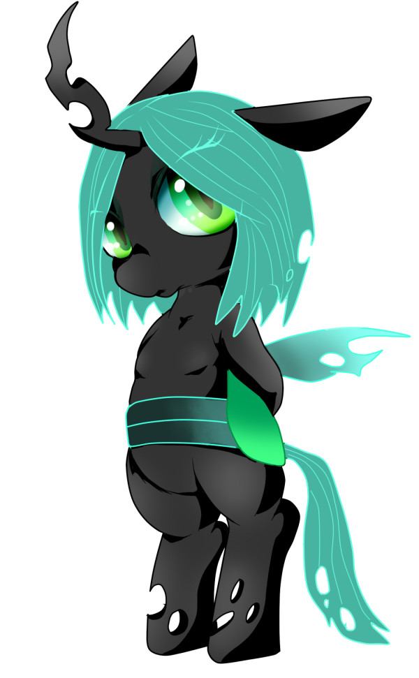 anthro anthrofied black_body changeling cub equine female friendship_is_magic green_eyes green_hair hair horn looking_at_viewer mammal my_little_pony nabesiki plain_background queen_chrysalis_(mlp) solo unicorn white_background wings young