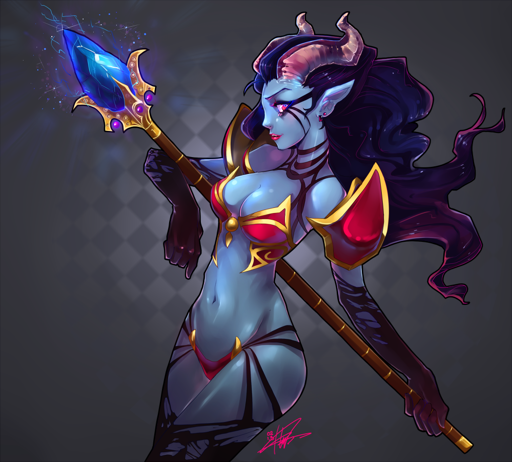 akasha_the_queen_of_pain armor black_hair blue_body blue_skin breasts cleavage clothed clothing cute demon demon_horns dota ear_piercing elbow_gloves female gloves glowing gradient_background grey_background hair holding horn liea lips long_hair looking_at_viewer magic markings navel not_furry piercing plain_background pointy_ears polearm pose red_eyes red_lips seductive shiny skimpy smile solo staff standing texture_background weapon