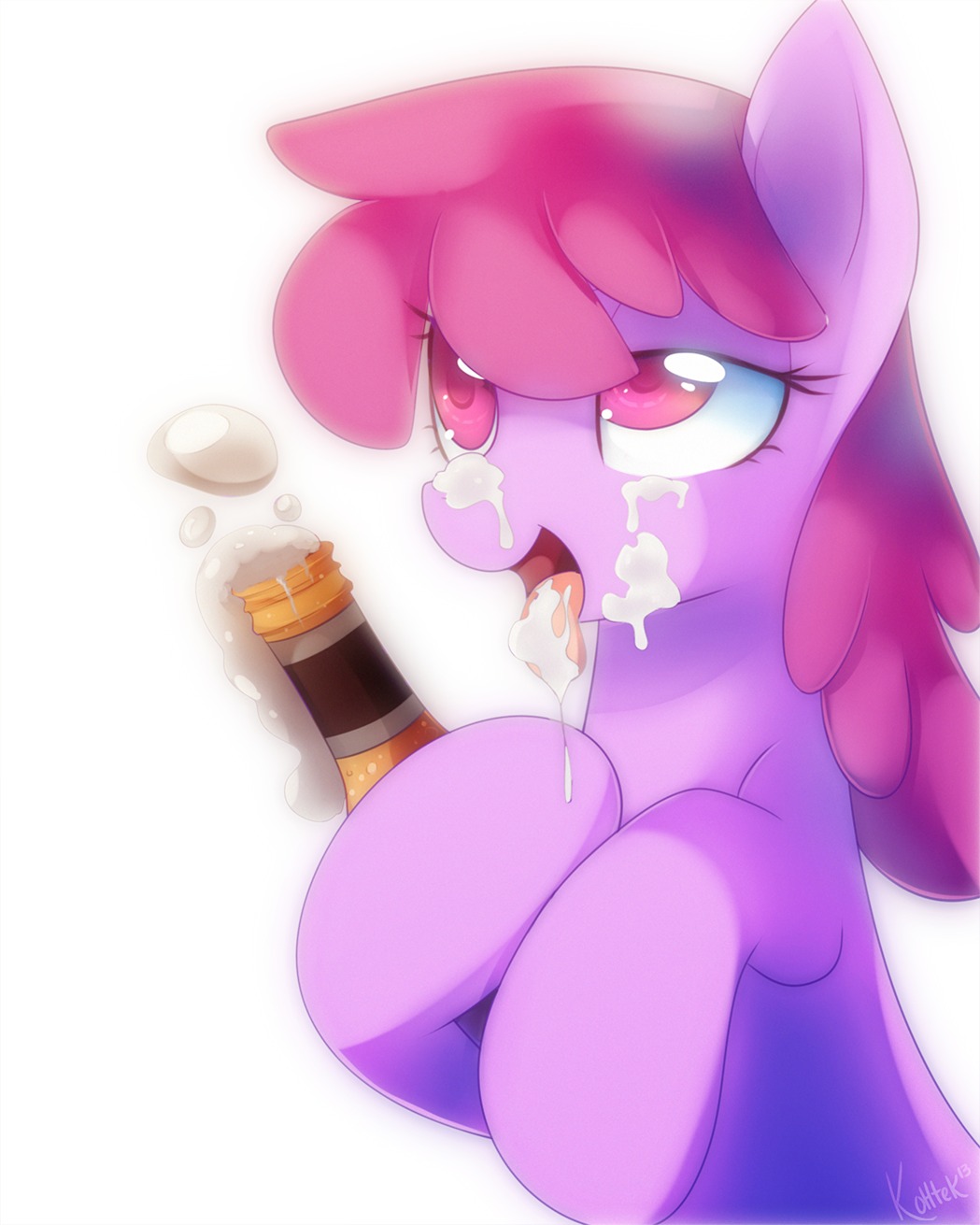 alcohol berry_punch_(mlp) beverage bottle equine female feral foam friendship_is_magic fur hair half-closed_eyes holding horse kohtek mammal my_little_pony open_mouth pink_eyes pink_hair plain_background pony purple_fur signature solo tongue tongue_out white_background