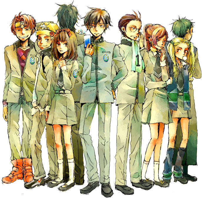 5boys adjusting_collar antenna_hair arms_at_sides ayase_yuka back bangs belt black_hair blazer blonde_hair boots bow brown_eyes brown_hair bubble_blowing chewing_gum closed_mouth clothes_writing everyone flower frown full_body glasses green_hair grin hair_bow hair_ornament hair_scrunchie hair_slicked_back hand_on_hip hat headband holding inaba_masao jacket jewelry kido_reiji kirishima_eriko kneehighs leg_warmers legs_apart loafers long_hair long_sleeves looking_at_viewer looking_down looking_to_the_side mary_janes mayuzumi_yukino multiple_boys multiple_girls namahamuro-su nanjou_kei necklace necktie number pants persona persona_1 ponytail red_bow scarf school_uniform scrunchie shoes short_hair simple_background skirt smile sonomura_maki st._hermelin_school_uniform standing swept_bangs toudou_naoya twintails uesugi_hidehiko white_background white_legwear