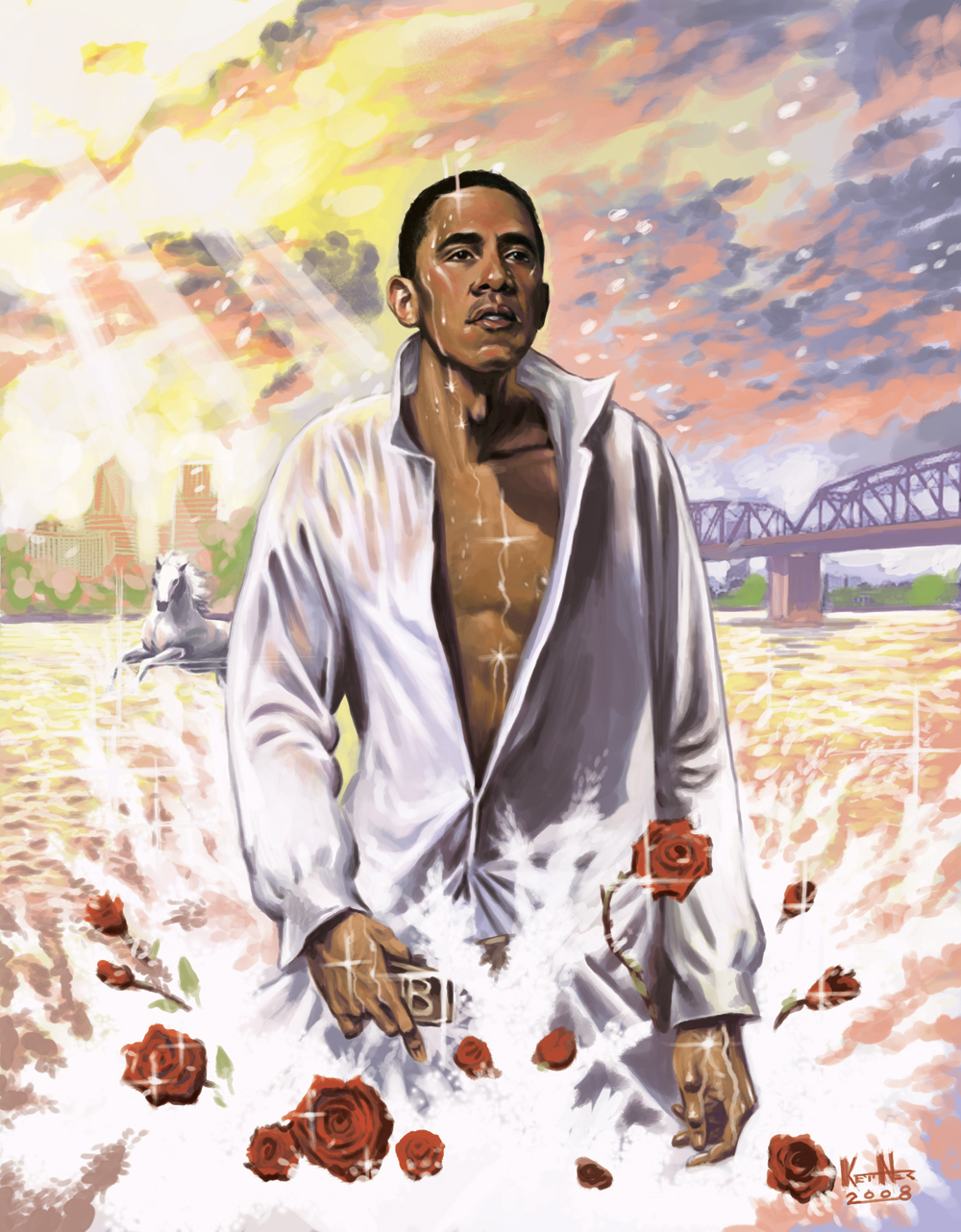 2008 adam's_apple barack_obama black_hair bridge city cloud cloudy_sky dark_skin dark_skinned_male dress_shirt eyebrows fabulous flower highres horse jpeg_artifacts light_rays lips long_sleeves lukas_ketner male_focus manly outdoors parody parted_lips politician popped_collar real_life real_life_insert red_flower red_rose river rose see-through shirt signature sky skyline solo sparkle splashing sunbeam sunlight wading water wet white_shirt