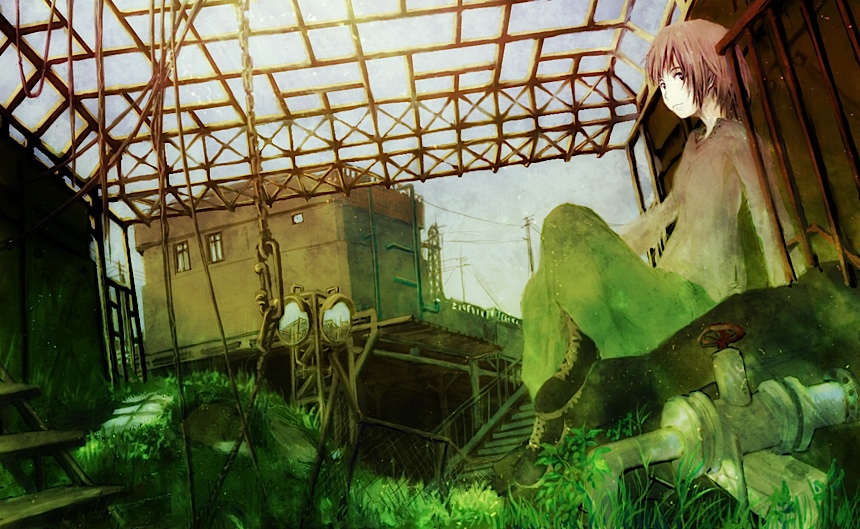 bad_id bad_pixiv_id boots chain day grass original pipes short_hair sky solo yoshidaworks