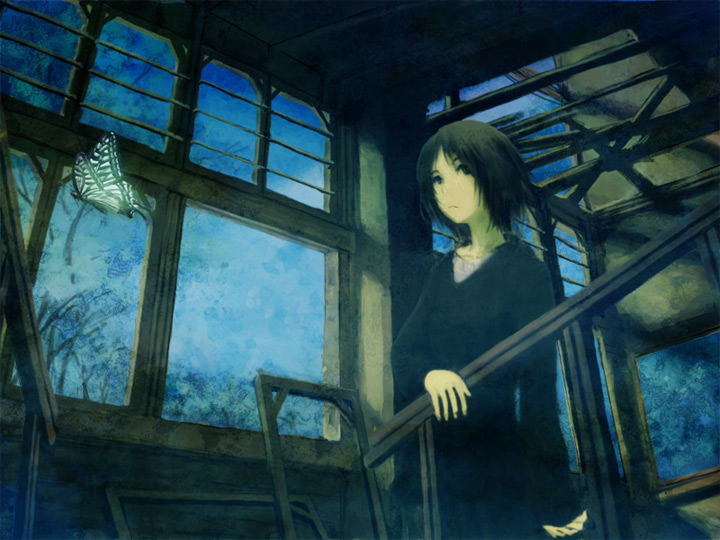 bad_id bad_pixiv_id black_hair bug butterfly cloud insect original short_hair sky solo sweater tree yoshidaworks