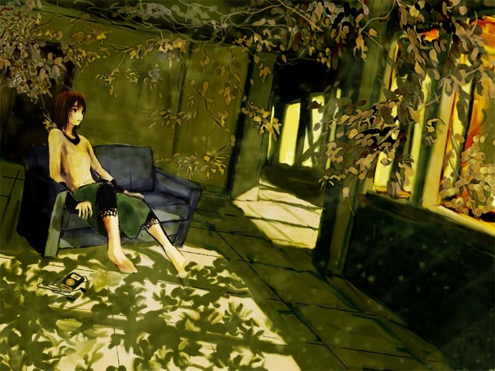 bad_id bad_pixiv_id barefoot brown_hair couch digital_media_player dutch_angle indoors ipod original overgrown plant shade short_hair sitting solo sunlight sunset tree tree_shade window window_shade yoshidaworks