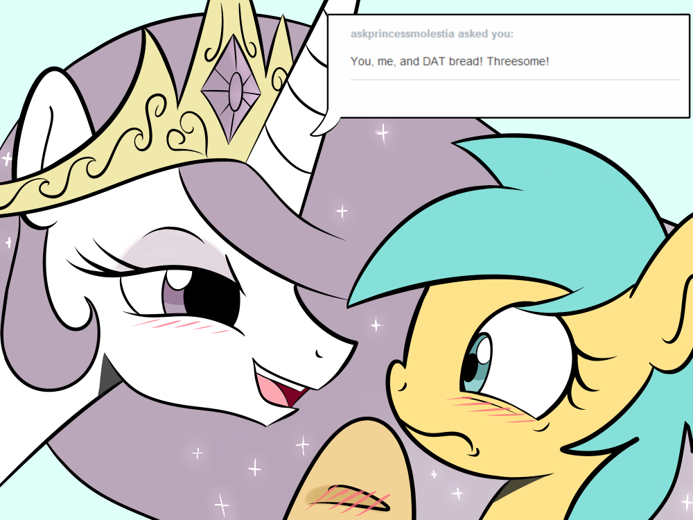 blush bread crown duo english_text equine eye_contact female feral food friendship_is_magic green_hair hair horn horse imminent_sex john_joseco long_hair mammal my_little_pony pink_eyes pink_hair pony princess princess_celestia_(mlp) royalty smile text tiara winged_unicorn wings