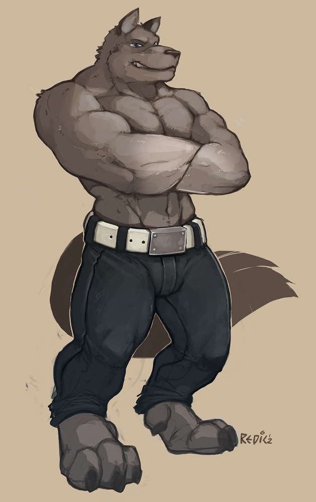 ano anthro belt biceps big_muscles blue_eyes brown_background brown_nose bulge canine claws clothed clothing crossed_arms fangs fur grey_fur grin half-dressed looking_at_viewer male mammal muscles pants pecs plain_background pose redic-nomad smile solo standing teeth toe_claws toned topless vein wolf