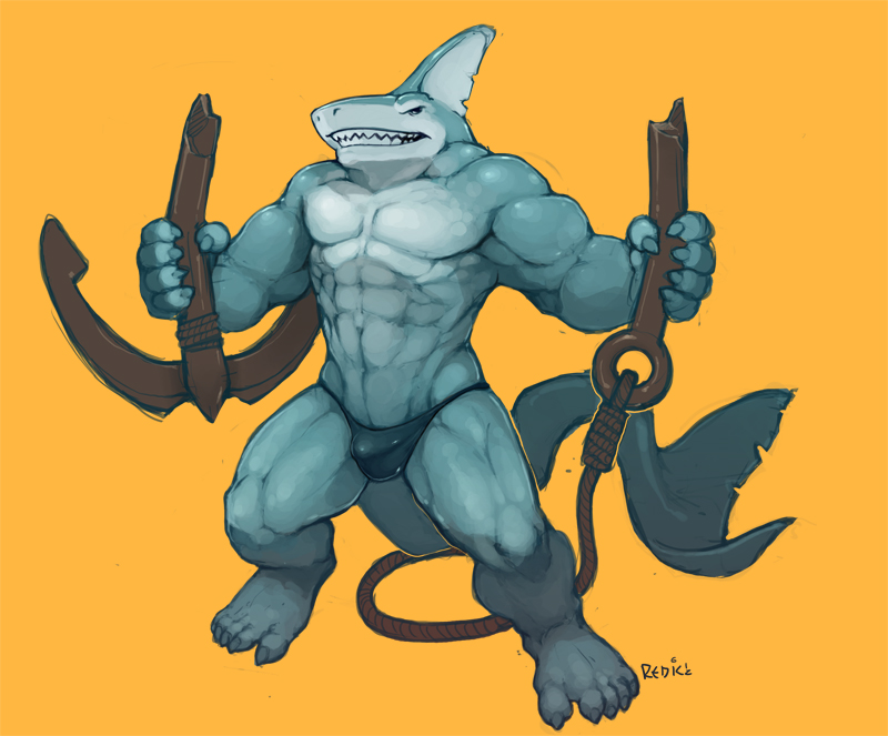 anchor anthro biceps blue_eyes blue_skin bulge claws dorsal_fin fangs fin fish great_white_shark male marine muscles open_mouth orange_background pecs plain_background pose redic-nomad scales shark skin solo speedo standing swimsuit teeth thong toe_claws toned topless underwear vein