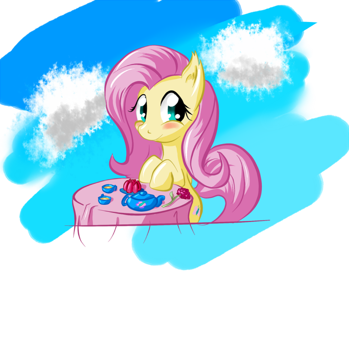 blush cloud cutie_mark equine female feral flower fluttershy_(mlp) friendship_is_magic hair horse jello looking_at_viewer mammal my_little_pony pink_hair pony rose sky smile snus-kun solo table tea_cup teacup teapot