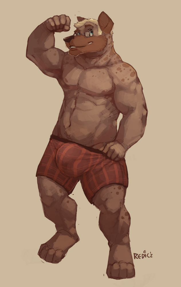 anthro biceps blonde_hair blue_eyes body_markings boxers brown_background brown_fur brown_nose bulge chest_tuft eyewear flexing fur glasses grin hair hyena male mammal markings muscles nipples paws pecs plain_background pose redic-nomad smile solo spotgideon spots standing teeth topless tuft underwear undressing