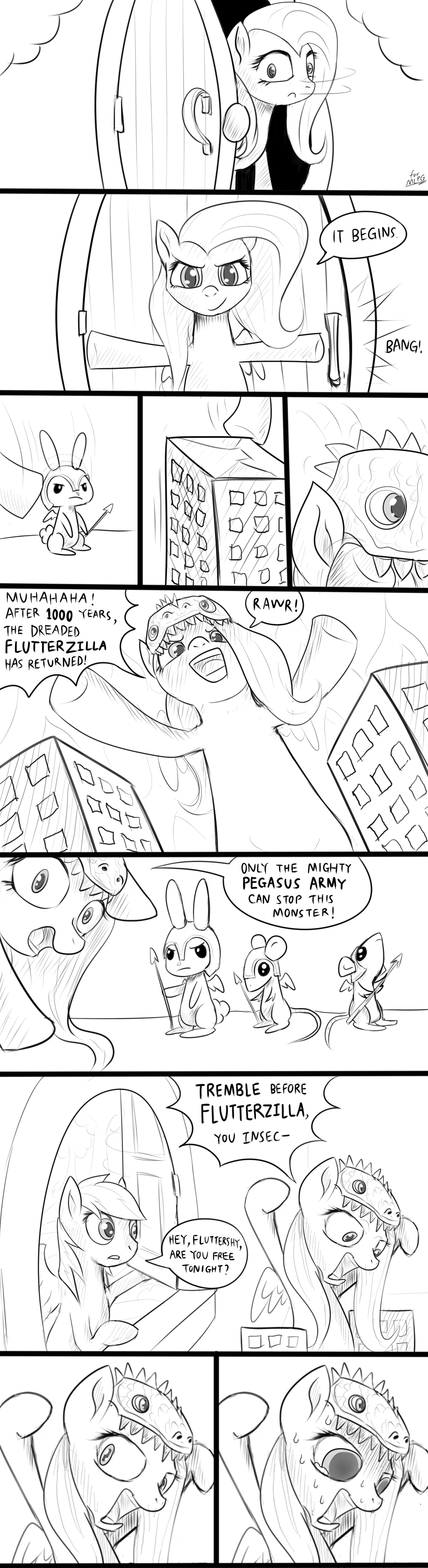 ambiguous_gender black_and_white comic cosplay dialog door english_text equine female feral fluttershy_(mlp) friendship_is_magic godzilla godzilla_(series) group hair helmet horse inside lagomorph long_hair looking_at_viewer low-angle_shot mammal mlpanon monochrome mouse my_little_pony open_mouth pegasus polearm pony rabbit rainbow_dash_(mlp) rodent signature smile spear sweat tears text theformlpganon tongue window wings worm's-eye_view worm's-eye_view