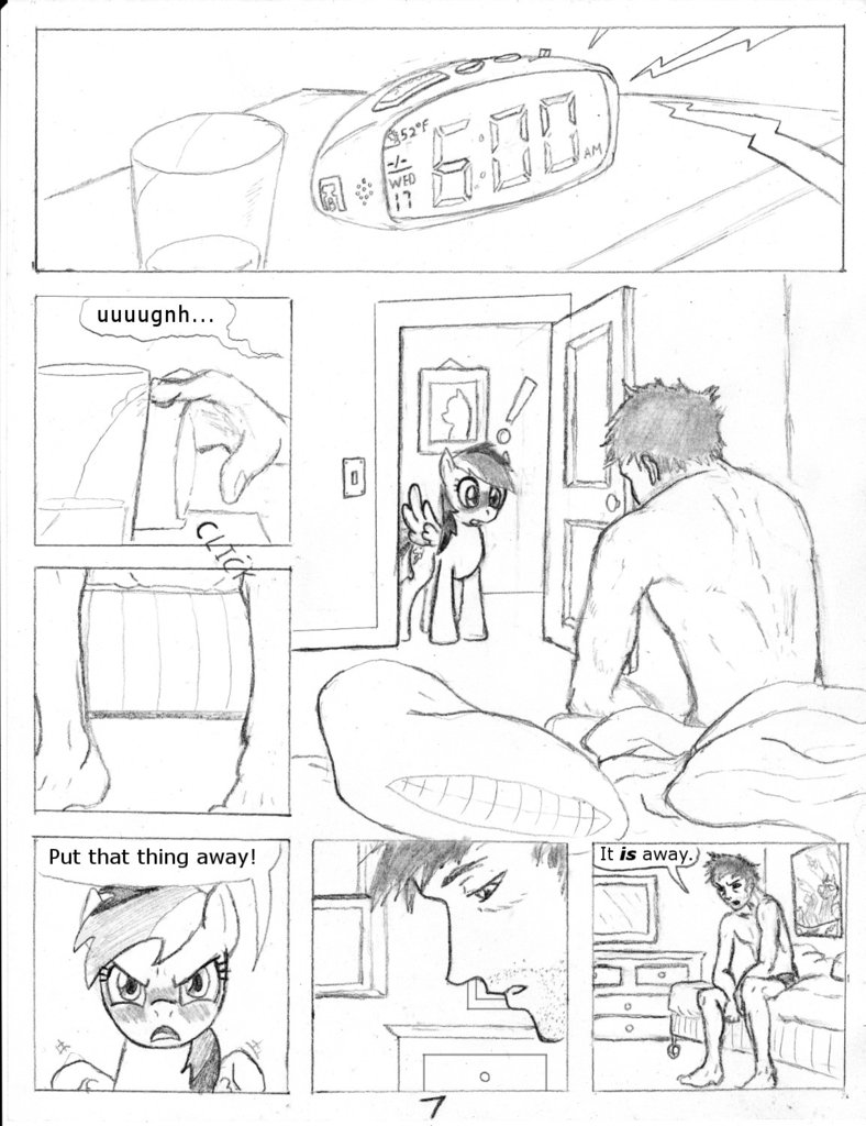 bed black_and_white blush comic dialog dj-black-n-white embarrassed english_text equine female feral friendship_is_magic glass horse human male mammal monochrome my_little_pony pegasus pony rainbow_dash_(mlp) text tsundere wings