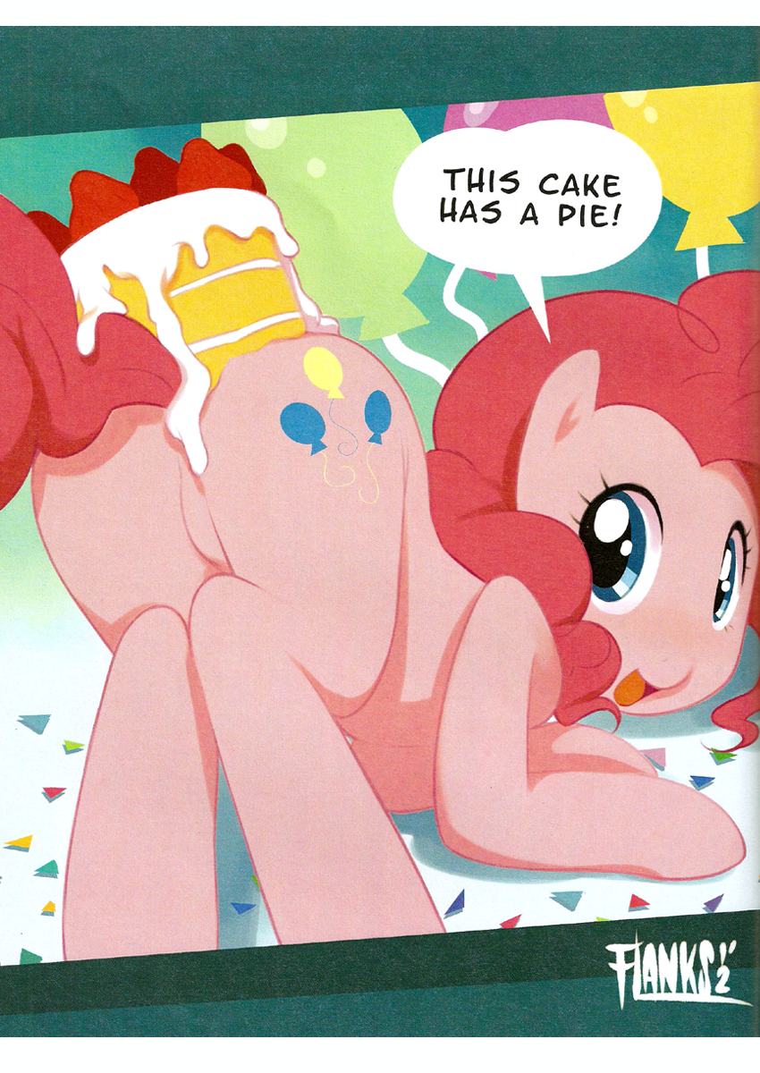 bent_over blue_eyes butt cake cutie_mark equine female feral food friendship_is_magic fur hair horse leche looking_at_viewer looking_back mammal my_little_pony pink_fur pink_hair pinkie_pie_(mlp) pony presenting presenting_hindquarters solo text