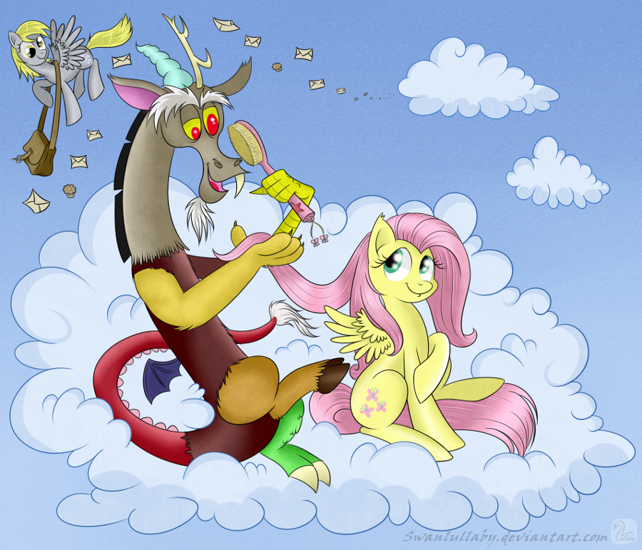 bag blonde_hair blue_eyes brush cloud derp_eyes derpy_hooves_(mlp) discord_(mlp) draconequus equine fangs female feral fluttershy_(mlp) flying food friendship_is_magic hair horse letter male mammal messenger_bag muffin my_little_pony outside pegasus pink_hair pony red_eyes sitting sky swanlullaby wings yellow_eyes