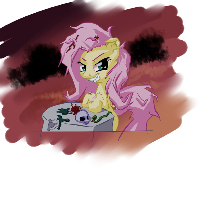 blush cloud cutie_mark equine fangs female feral fluttershy_(mlp) friendship_is_magic hair horse looking_at_viewer mammal messy_hair my_little_pony pink_hair pony reptile scalie skull sky snake snus-kun solo table twig