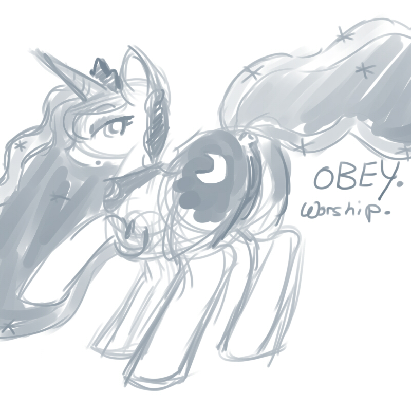 butt crown cutie_mark equine female feral friendship_is_magic horn horse looking_at_viewer mammal monochrome my_little_pony plain_background pony presenting presenting_hindquarters princess_luna_(mlp) pussy sketch skookum solo text white_background winged_unicorn wings