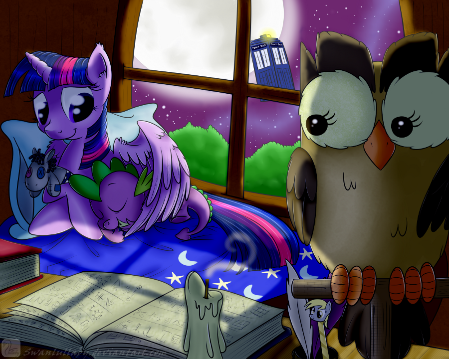 avian bed book candle derpy_hooves_(mlp) desk doll dragon equine female feral friendship_is_magic hair horn horse male mammal moon multi-colored_hair my_little_pony night owl owlowiscious_(mlp) pillow plushie pony purple_eyes quill scalie smartypants_(mlp) spike_(mlp) stars swanlullaby tardis twilight_sparkle_(mlp) winged_unicorn wings