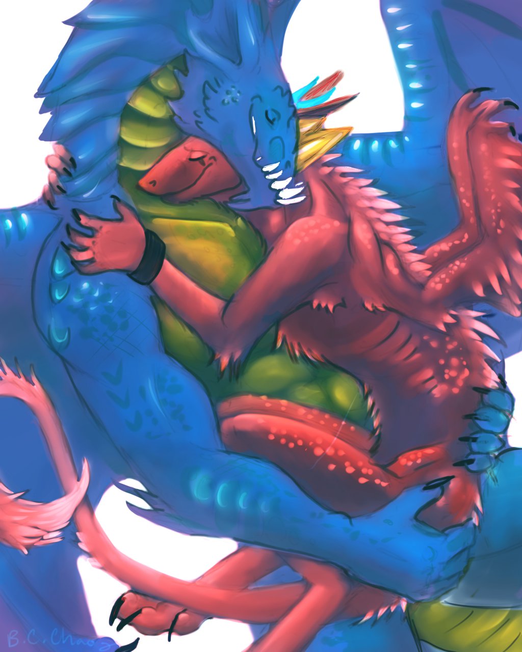 black-cat-chaos blue_dragon cuddling dragon eyes_closed female feral fur furred_dragon horn love male red_dragon red_fur romantic scales scalie simple_background stars twilight wings