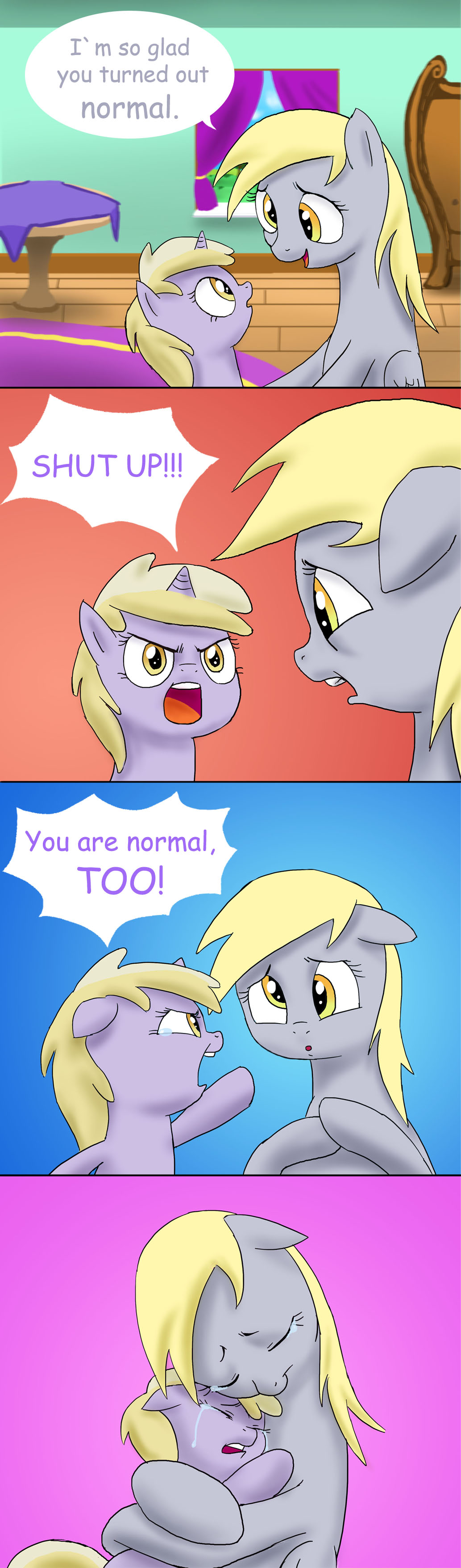 amber_eyes blonde_hair blue_background comic cub cute daughter derpy_hooves_(mlp) dialog dinky_hooves_(mlp) doublewbrothers duo english_text equine eye_contact eyes_closed female feral friendship_is_magic fur grey_fur hair horn horse hug inside mammal mother my_little_pony open_mouth parent pegasus plain_background pony purple_background red_background sitting table tears text tongue unicorn window wings young
