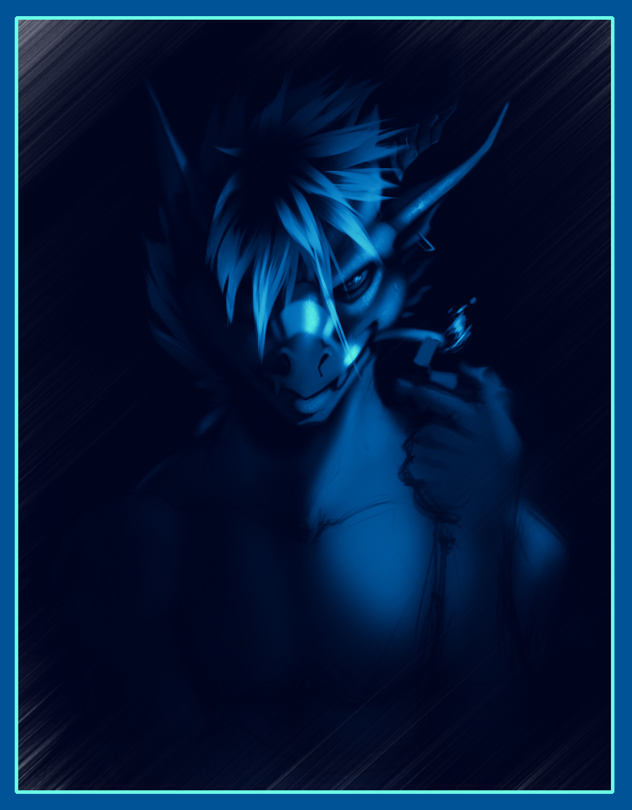 anthro biceps blue_dragon blue_theme cigarette fayne_of_fur fur grin hair horn lighter looking_at_viewer male monochrome muscles pecs schism smoking solo zippo