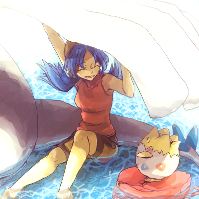 ^_^ backpack bag bangs bare_legs barefoot bike_shorts blue_hair closed_eyes crystal_(pokemon) gen_2_pokemon grin hat lamp-ao lowres lugia partially_submerged pokemon pokemon_(creature) pokemon_(game) pokemon_gsc shorts sitting smile togepi twintails water
