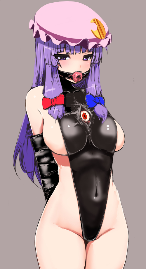 arms_behind_back ball_gag bdsm black_leotard blush bondage bound bound_arms breasts crescent eyes gag gagged grey_background hair_ribbon hat impossible_clothes impossible_leotard ishimiso_(ishimura) large_breasts leotard living_clothes long_hair monoglove patchouli_knowledge purple_eyes purple_hair revealing_clothes ribbon sideboob simple_background solo touhou