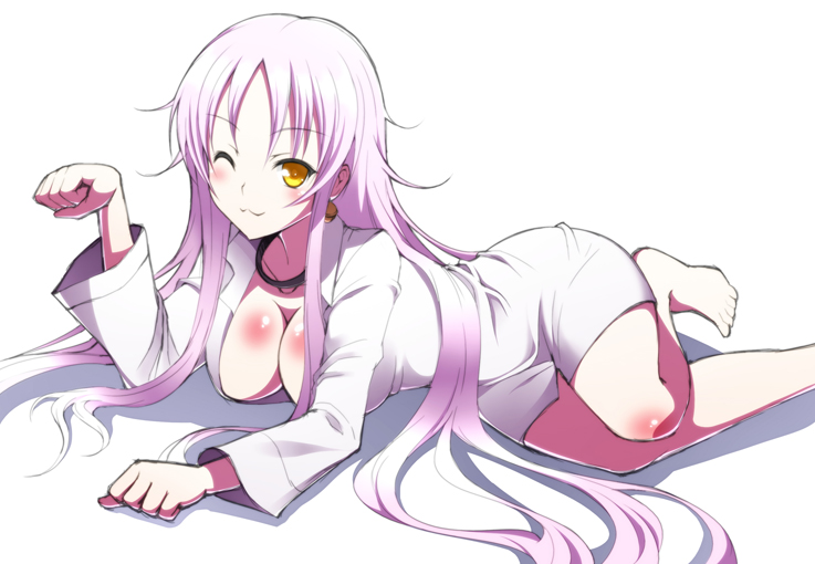 ;3 barefoot bell blush body_blush breasts choker cleavage earrings feet jewelry jingle_bell k_(anime) large_breasts long_hair naked_shirt neko_(k) one_eye_closed ookami_maito paw_pose pink_hair shirt smile solo very_long_hair yellow_eyes