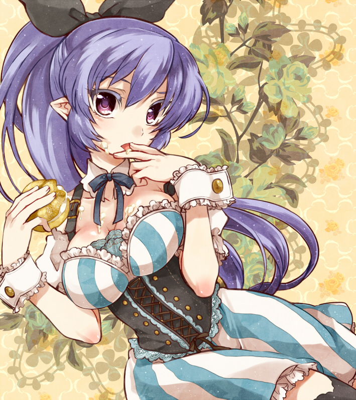 breasts cleavage corset finger_licking food hair_ribbon ice_cream irouha large_breasts licking long_hair looking_at_viewer original pointy_ears ponytail purple_eyes purple_hair ribbon solo thighhighs tongue wrist_cuffs