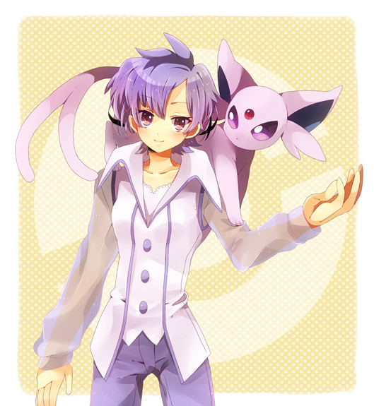 animal animal_on_shoulder bad_proportions bangs collarbone espeon forked_tail frontier_brain gen_2_pokemon lila_(pokemon) looking_at_viewer outstretched_hand pants poke_ball poke_ball_symbol pokemon pokemon_(creature) pokemon_(game) pokemon_emerald pokemon_rse purple_eyes purple_hair purple_pants see-through shooting-star short_hair smile standing swept_bangs tail