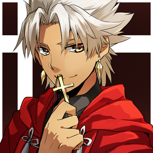 amakusa_shirou_(fate) brown_eyes cross cross_necklace dark_skin dark_skinned_male earrings fate/apocrypha fate_(series) holding_cross jewelry necklace ruchi white_hair