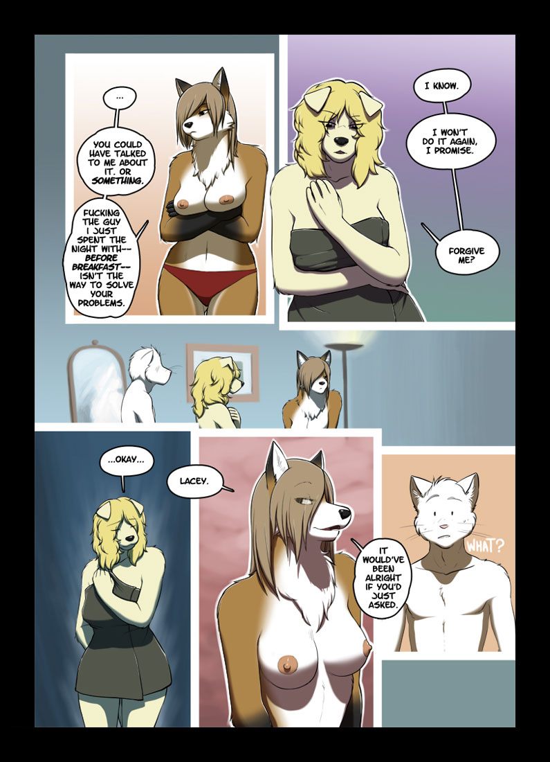 breasts brown_hair canine comic feline female hair male mammal meesh nipples pussy the_valet_and_the_vixen