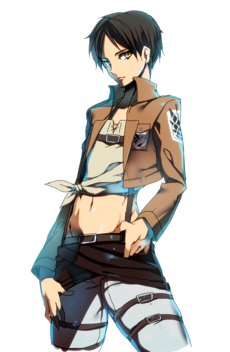 bad_id bad_pixiv_id belt black_hair cropped_jacket emblem eren_yeager hand_on_hip looking_at_viewer male_focus midriff navel paradis_military_uniform shingeki_no_kyojin shirt solo survey_corps_(emblem) suspenders tied_shirt wadani_hitonori yellow_eyes