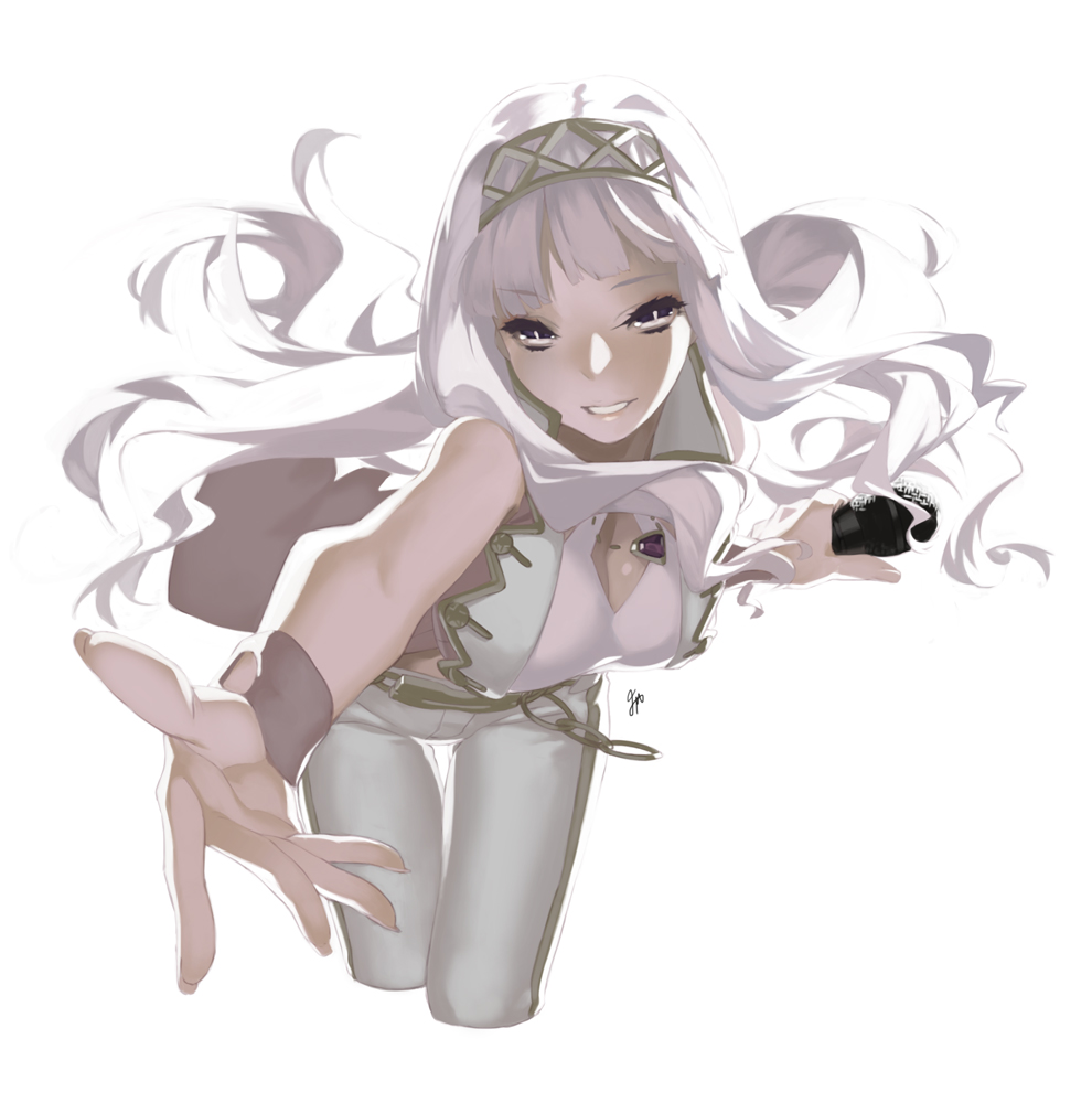 92m belt chain cropped_legs hairband idolmaster idolmaster_(classic) long_hair md5_mismatch microphone outstretched_hand pants parted_lips purple_eyes reaching shijou_takane silver_hair simple_background smile solo white_background wrist_cuffs